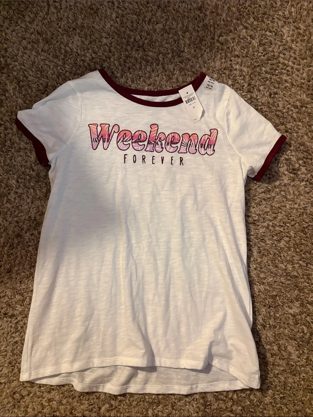 Justice White Tee with Burgundy Trim and Pink Graphic - Kids